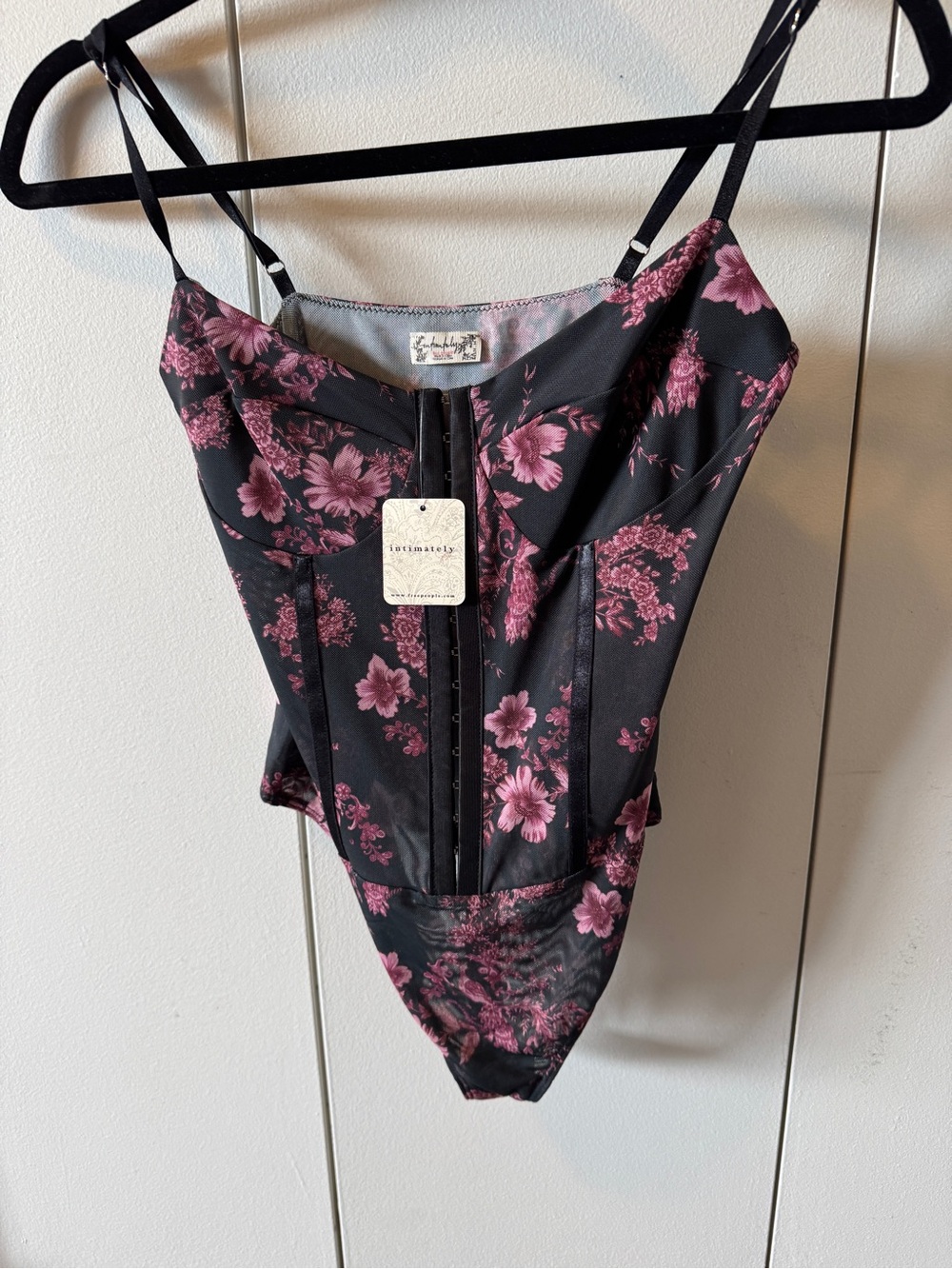 Free People Black Bodysuit with Mauve Floral Print